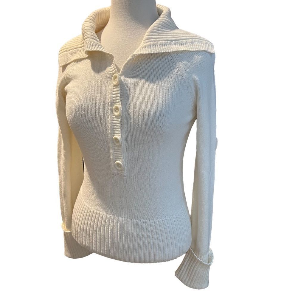 LOFT White Cable Knit Long Sleeve Large Collar Sweater size M